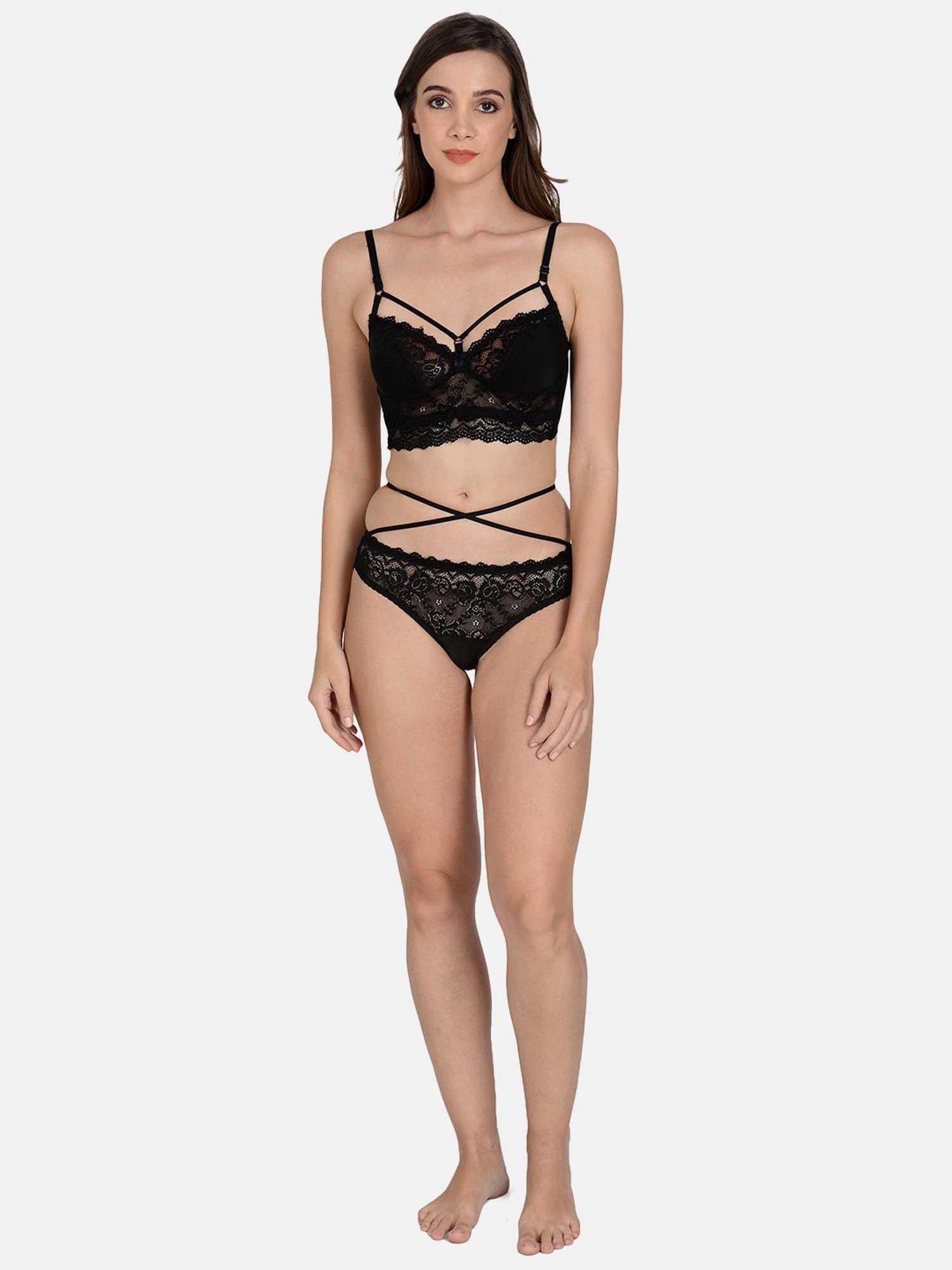 mod & shy Black Self Pattern Lingerie Set