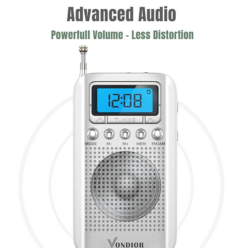 Digital AM FM Portable Pocket Radio with Alarm Clock- Best Reception and Longest Lasting. AM FM Compact Radio Player Operated by 2 AAA Battery, Stereo Headphone Socket (Silver), by