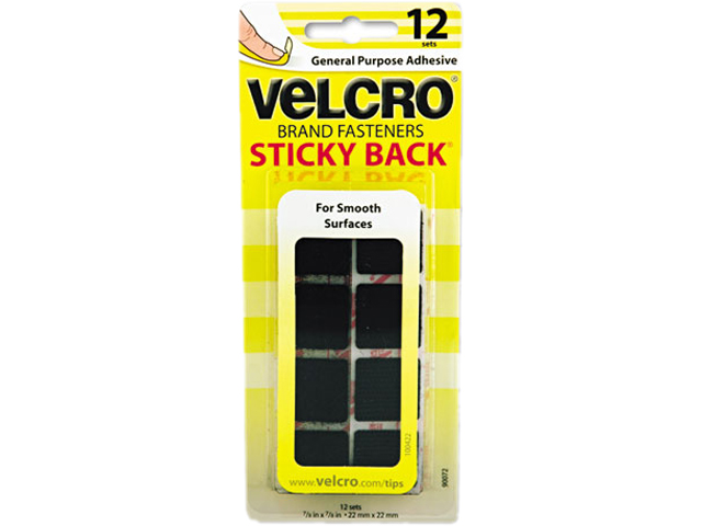 Velcro 90072 Sticky-Back Hook and Loop Square Fasteners on Strips, 7/8", Black, 12 Sets/Pack