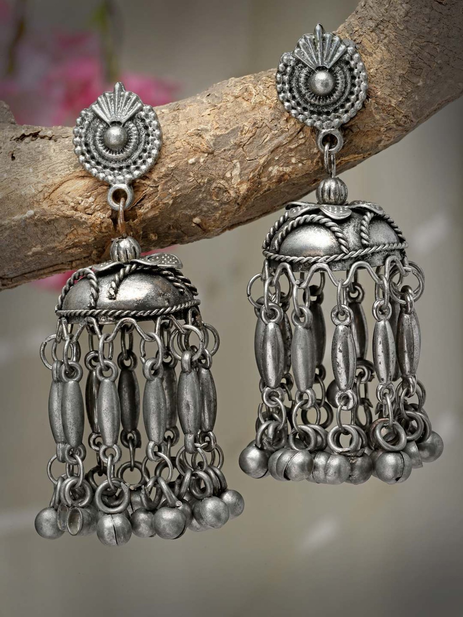 Moedbuille Ghungroo Tasselled Filigree Design Oxidised Silver Plated Handcrafted Earrings