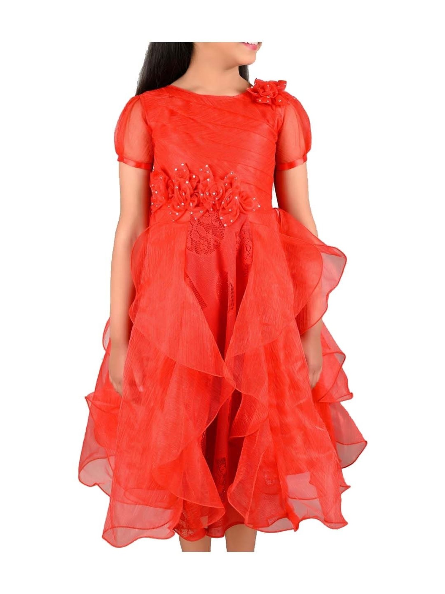 Ahhaaaa Kids Red Cotton Sequence Dress
