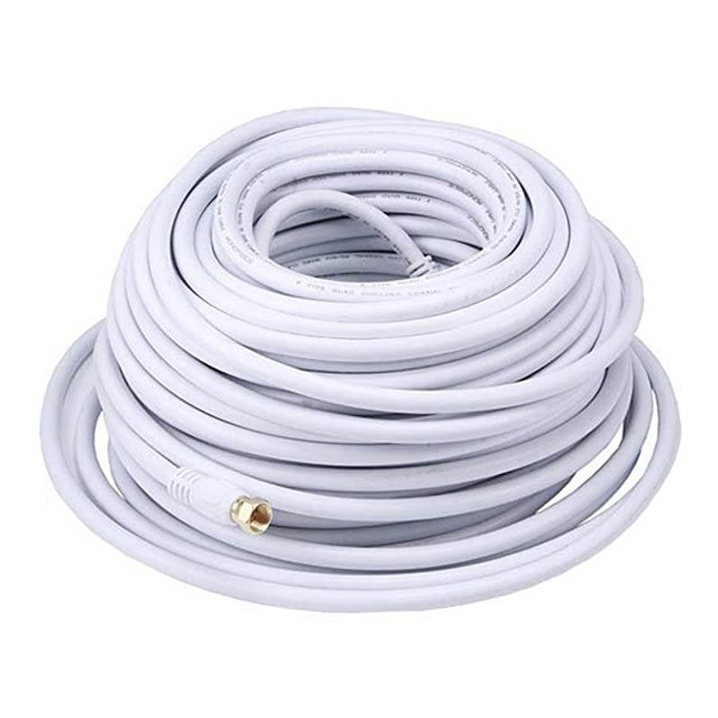 100ft RG6 18AWG 75Ohm Quad Shield CL2 Coaxial Cable with F Type Connector White