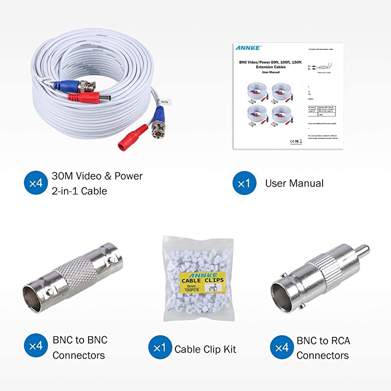 Security Camera Cable 4 30M 100ft AllinOne BNC Video Power Cables BNC Extension Wire Cord for CCTV Camera DVR Security System 4Pack White