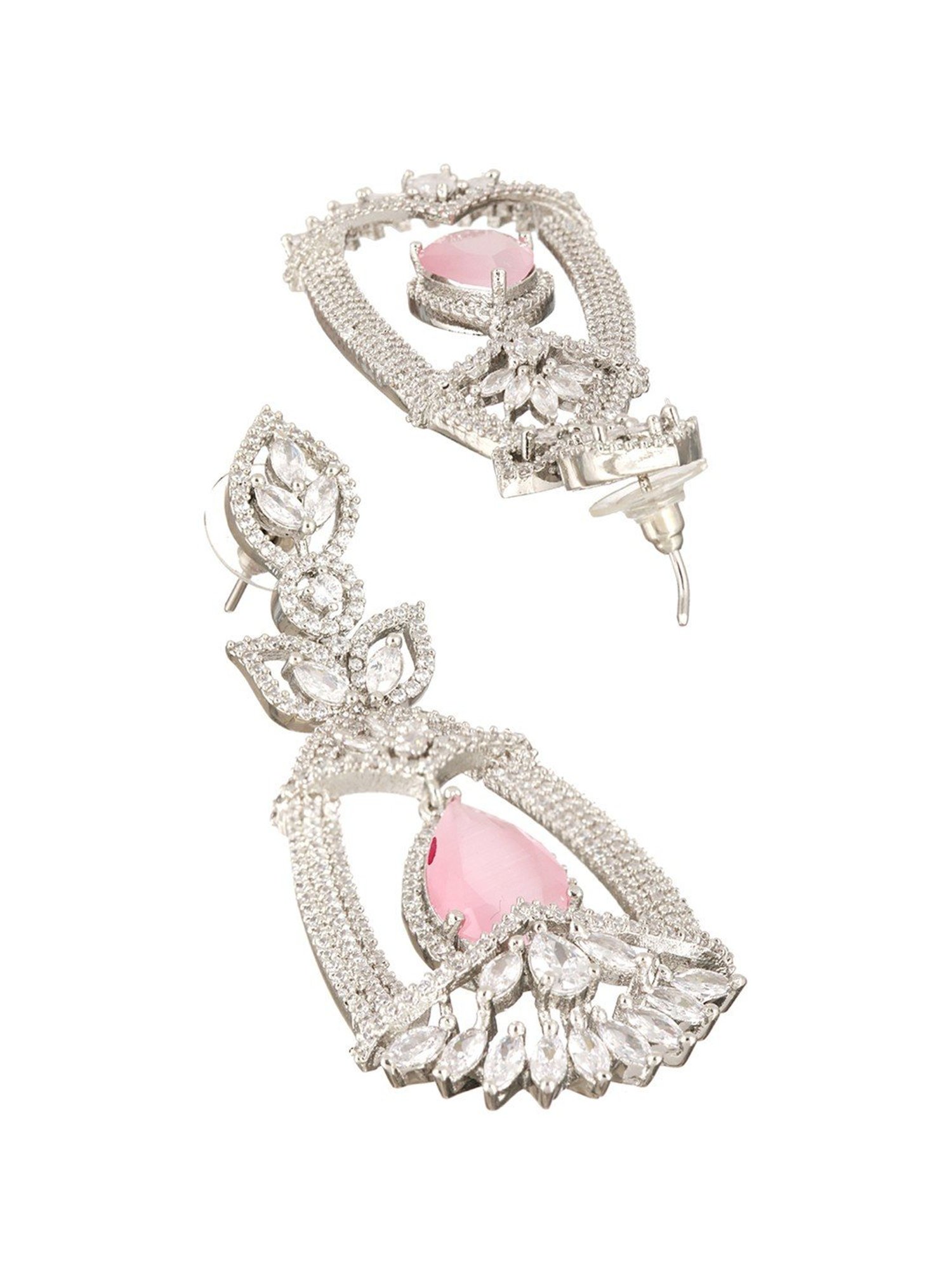 Priyaasi Pink Leaf American Diamond Silver-Plated Dangler Earrings