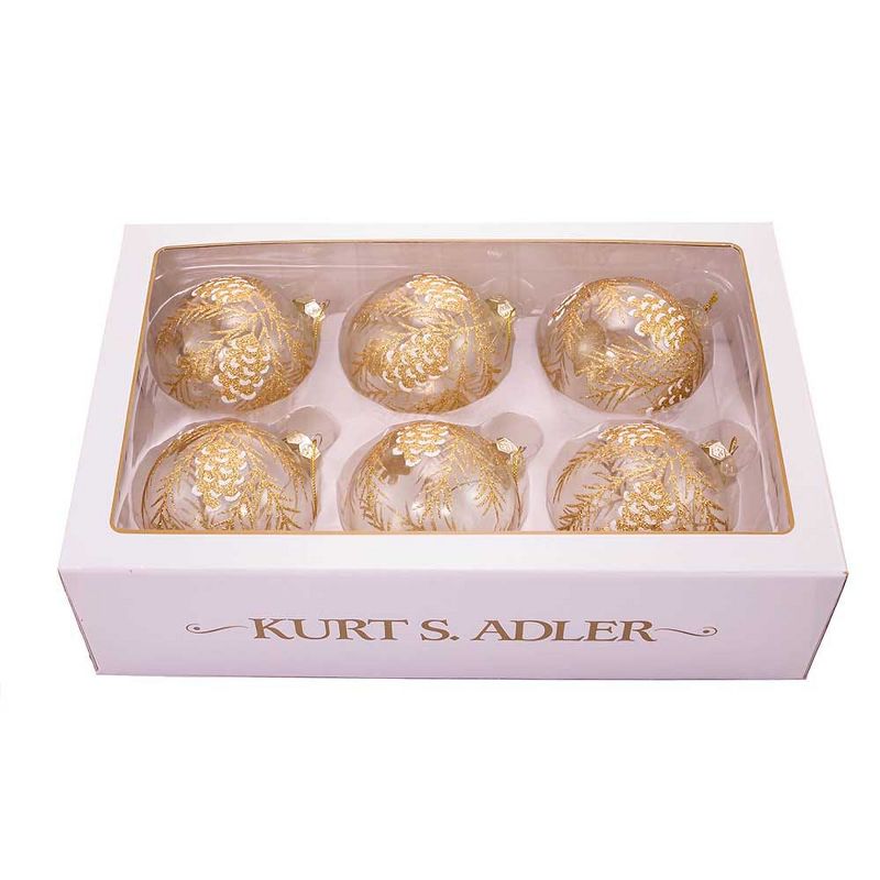Kurt Adler 80MM Clear with Gold Pinecones Glass Ball Ornaments, 6-Piece Set