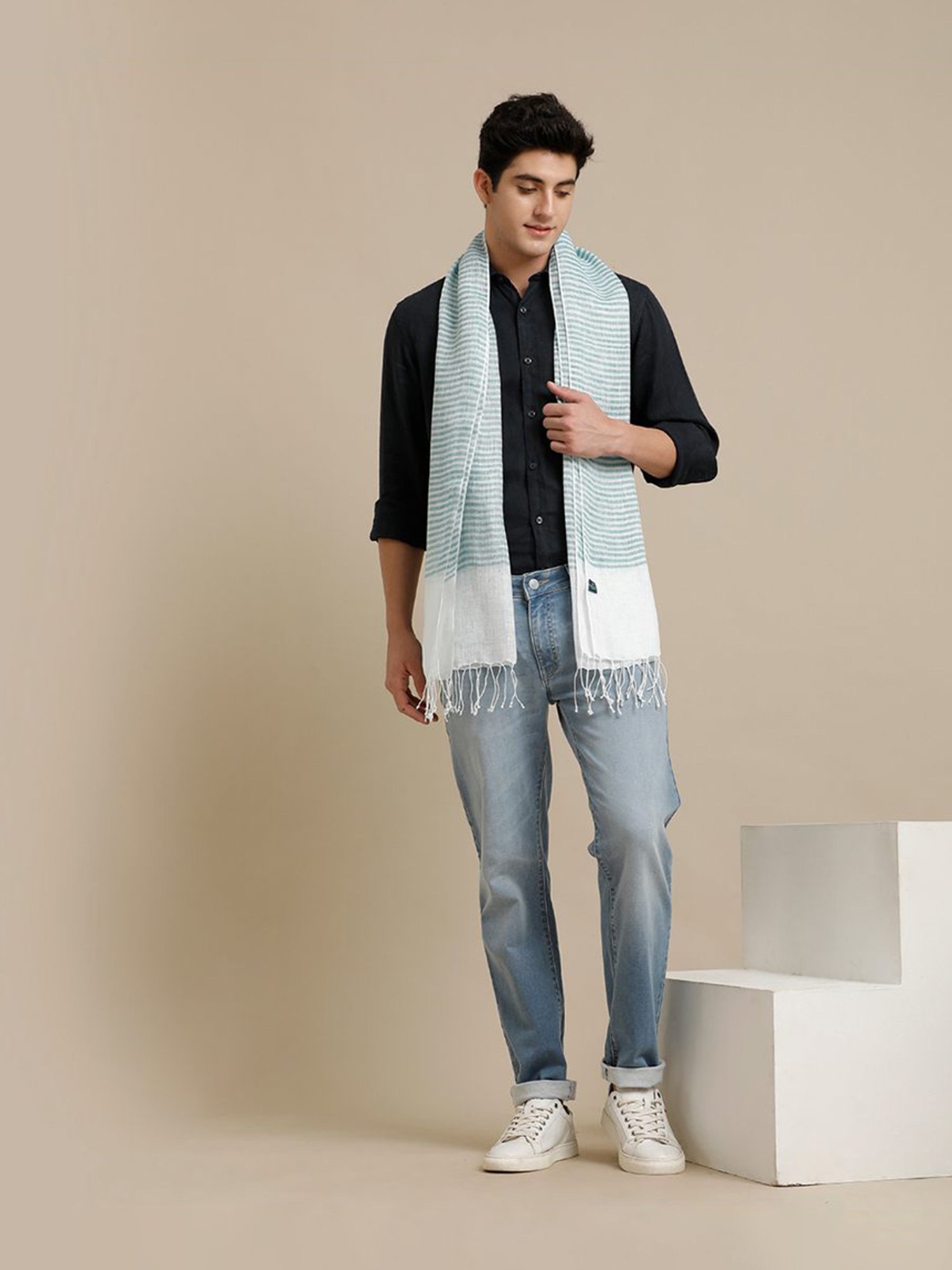 Linen Club Turquoise Blue Striped Pure Linen Stole