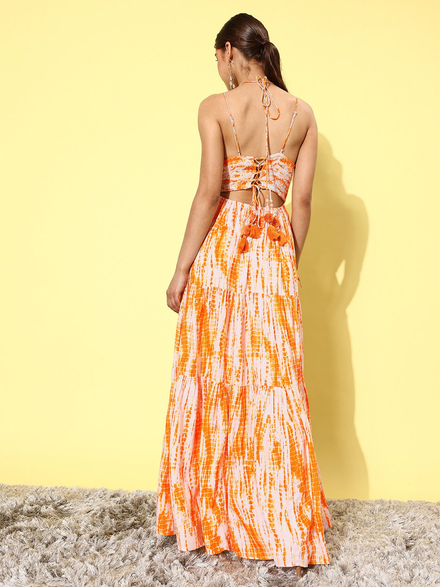 QUIERO Yellow Tie & Dye Fit & Flare Dress