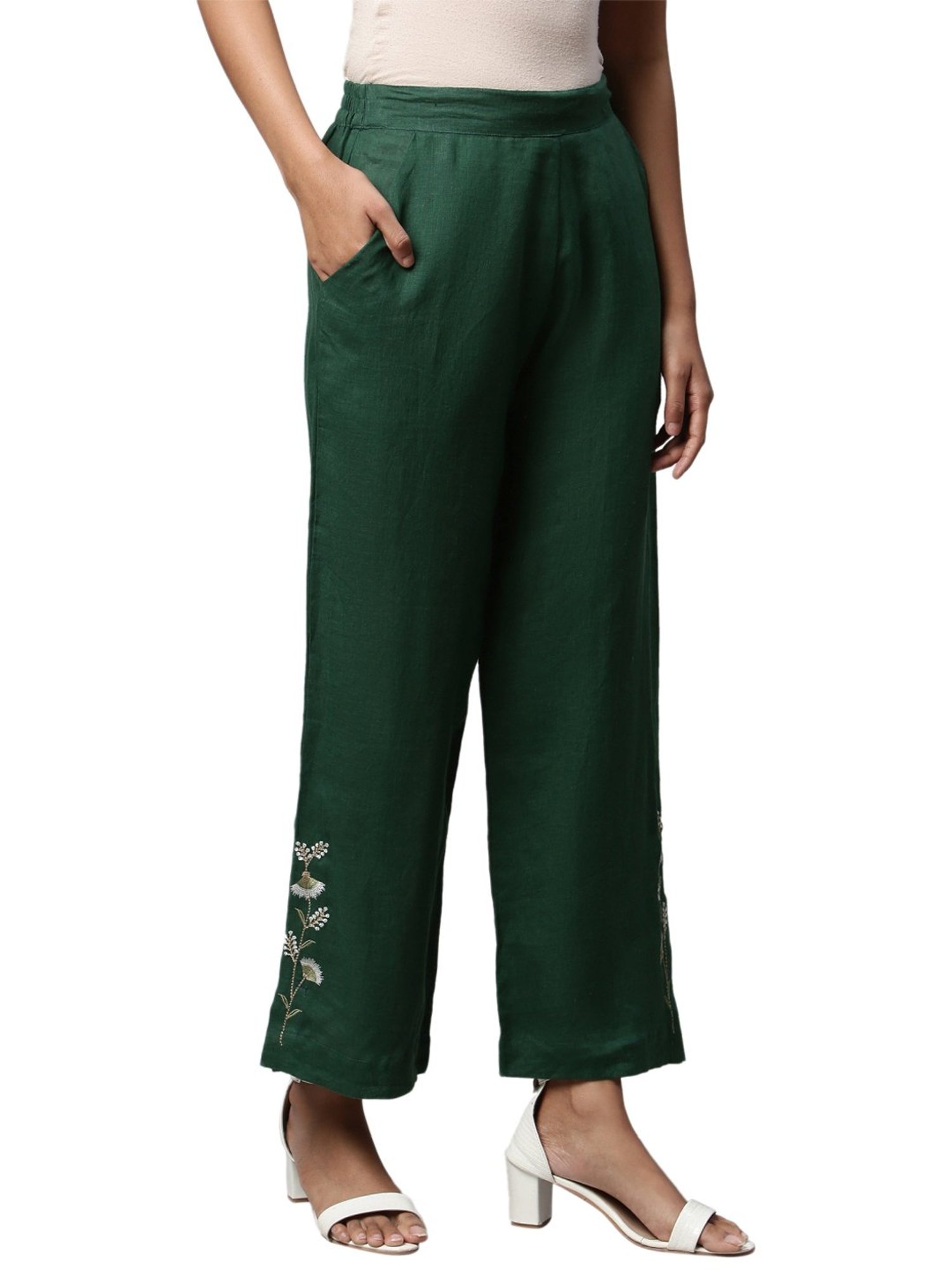 Linen Club Woman Green Embroidered Palazzos