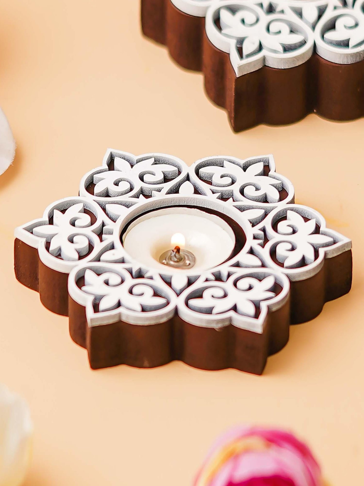 eCraftIndia Set of 12 Wooden Floral Printing Block Decorative Tea Light Candle Holder