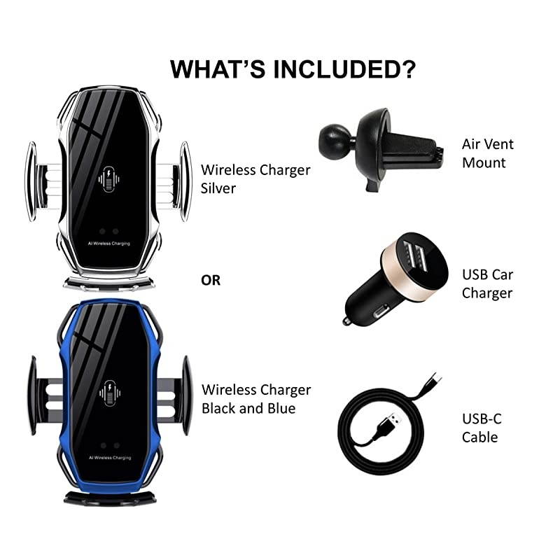 Car Charger Mount Auto Clamping with Smart IR Motion Senors, Electric Powered Automatic Clamping Car Air Vent Charging Phone Holder 10W Fast Charging for All Phones Models (Silver)