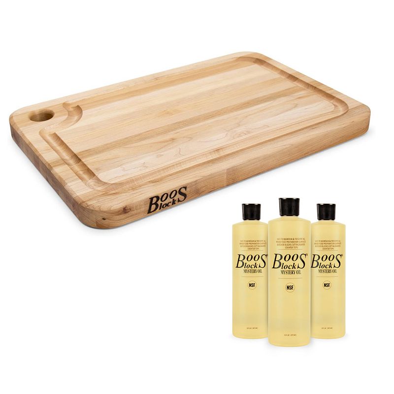 John Boos Maple Wood Edge Grain Reversible Kitchen Butcher Block 18 x 12 x 1.25 Inches Cutting Board with 3 Piece Maintenance Oil Set