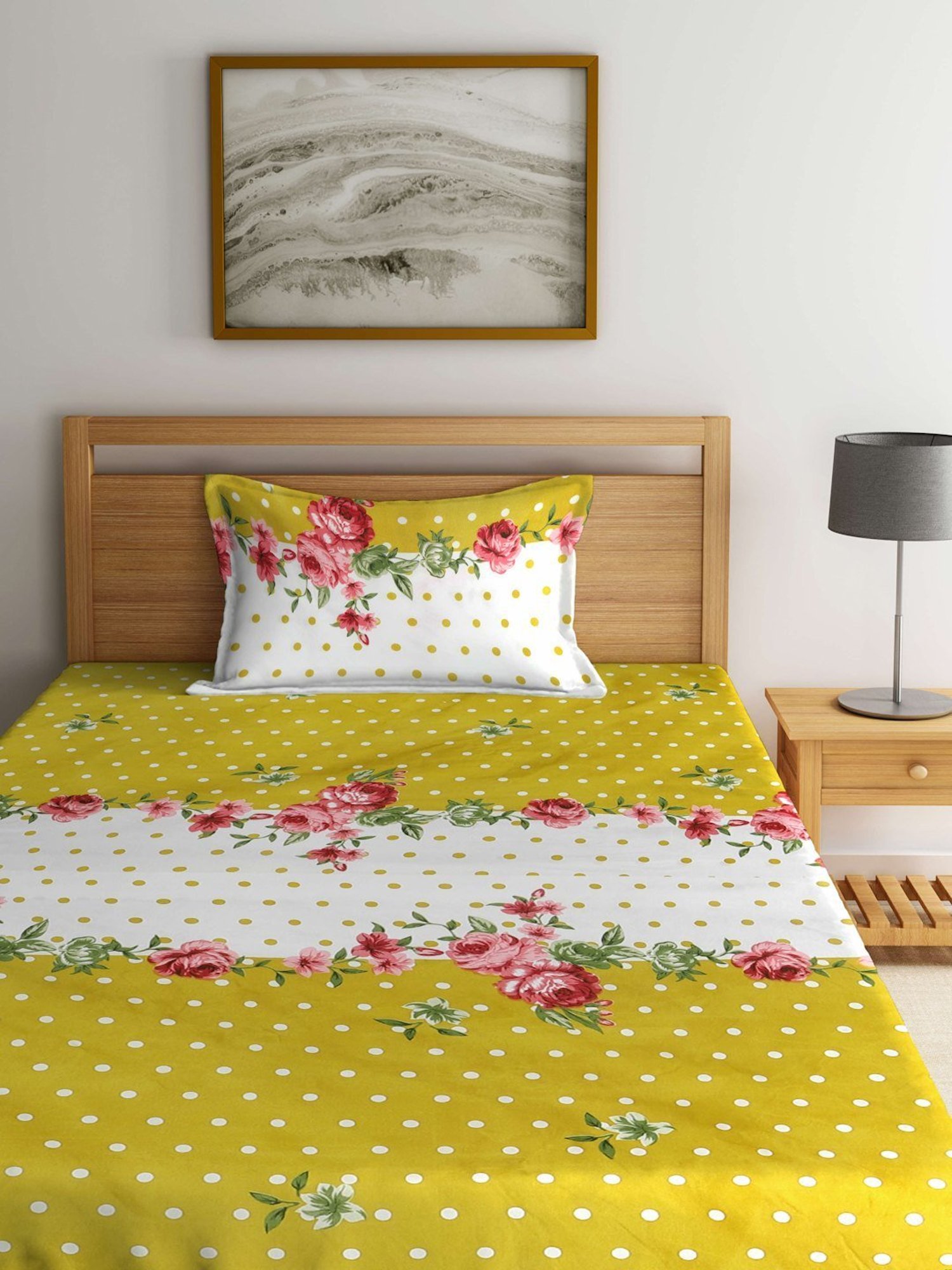 Klotthe Floral White & Yellow 300 TC Cotton Blend Single Bed Sheet with Pillow Cover