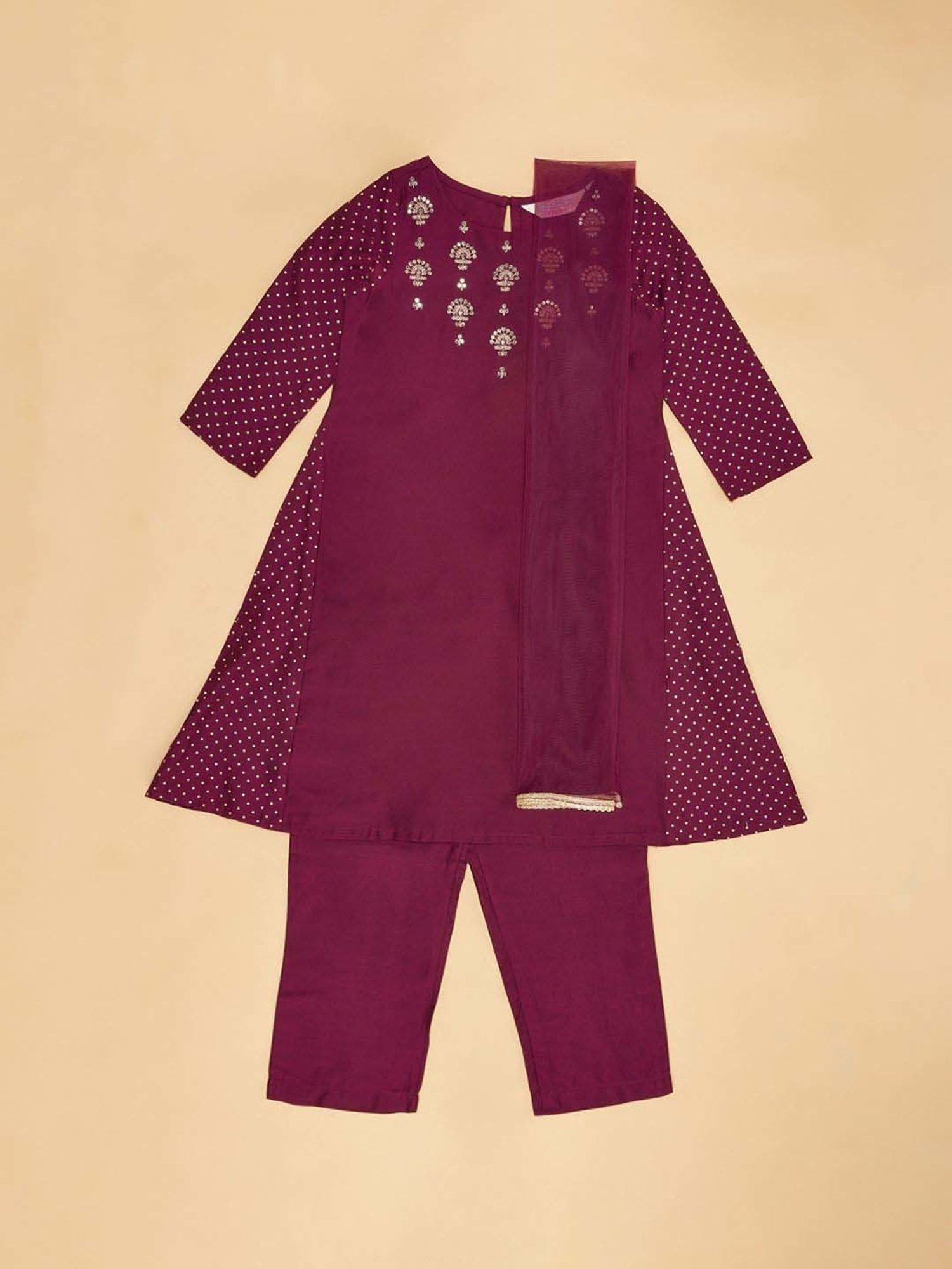 Akkriti by Pantaloons Kids Wine Embroidered Kurta Set