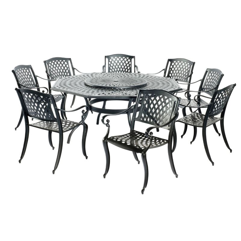 Westbury Cast Aluminum Dining Set with Umbrella Hole Octagonal Table & 8 Stackable Arm Chairs - Alfresco Home