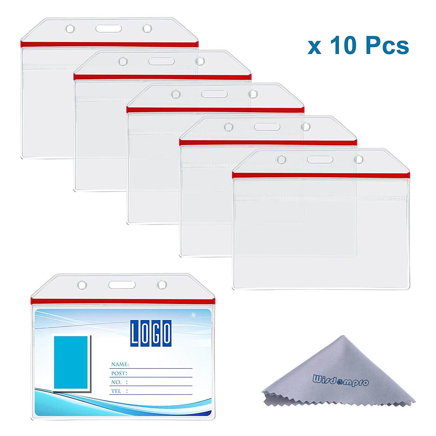Badge Holder, 10 Pack PVC Heavy Duty Clear Name ID Card Holder With Waterproof Resealable Zip by Wisdompro - Horizontal Red