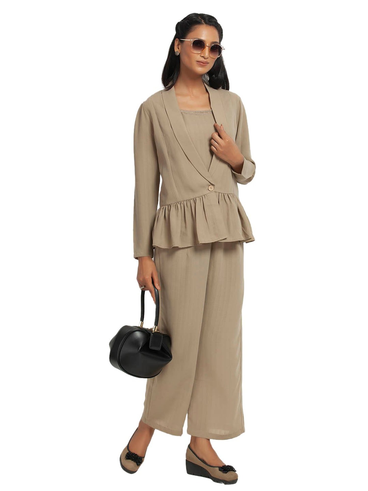 Office & You Beige Full Sleeves Jacket With Gathers