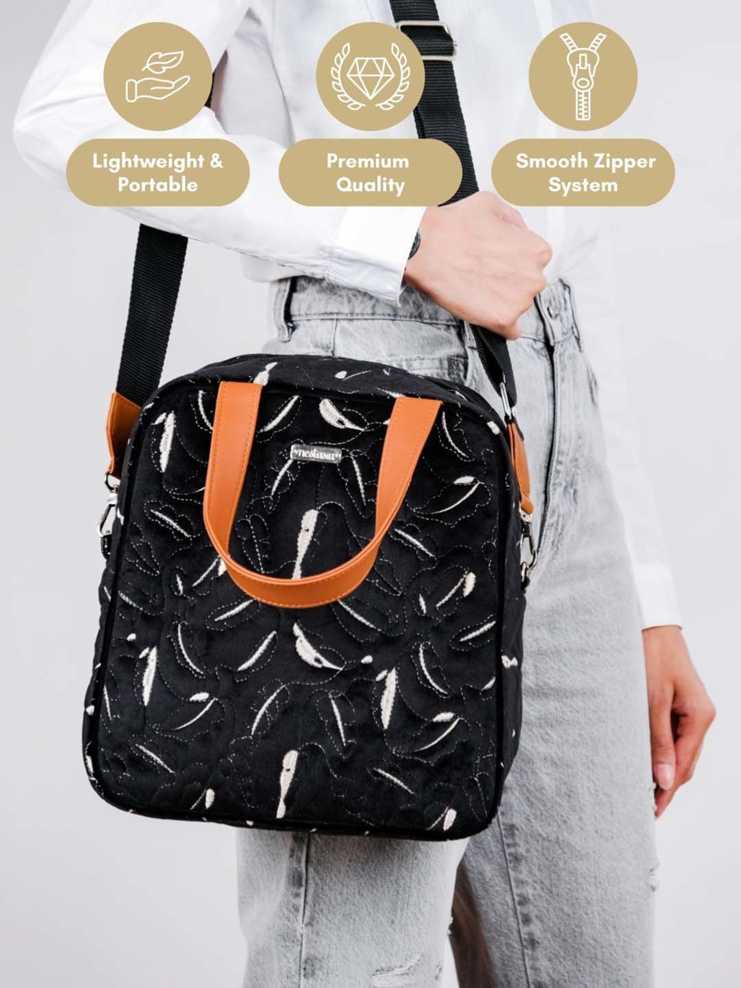 Nestasia High-Quality Insulated Velvet Black Lunch Bag With Adjustable Shoulder Strap & Handles