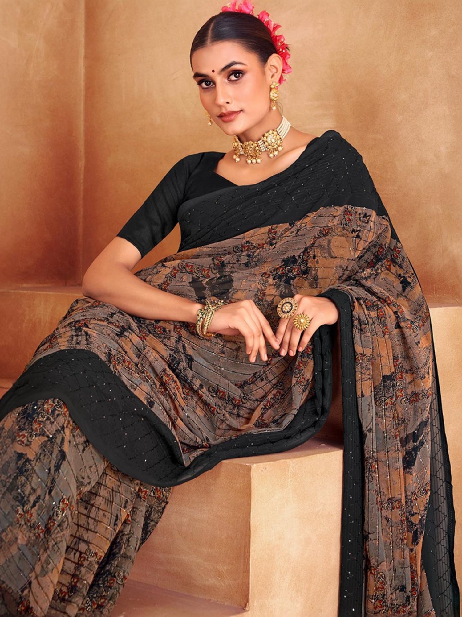 Satrani Brown & Black Embellished Saree With Unstitched Blouse
