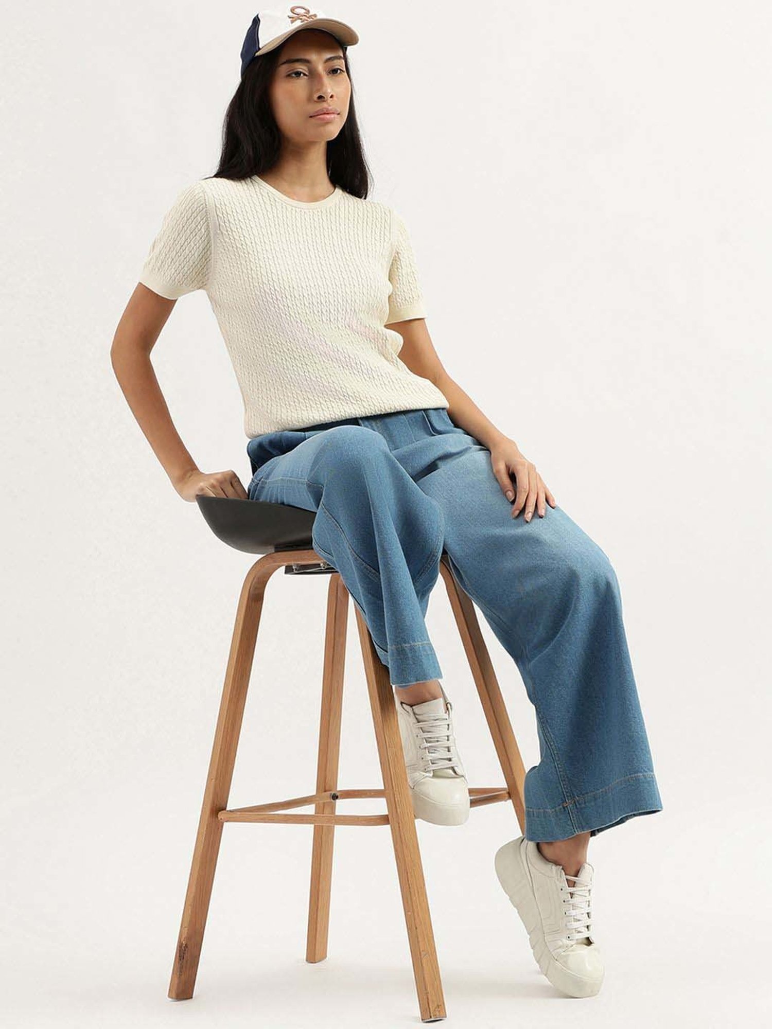 United Colors of Benetton Off White Cotton Self Pattern Top