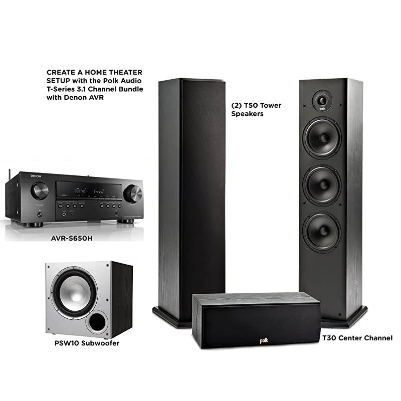 3.1 Channel Home Theater System with Powered Subwoofer & Denon AVR-S650H Receiver | One (1) T30 Center Channel, Two (2) T50 Tower Speakers, PSW10 Sub | Alexa + HEOS