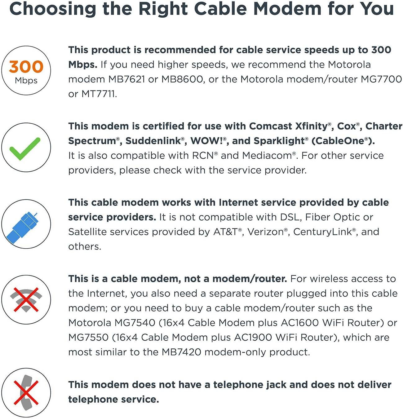 MOTOROLA 16x4 Cable Modem, Model MB7420, 686 Mbps DOCSIS 3.0, Certified by Comcast XFINITY, Charter Spectrum, Time Warner Cable, Cox, BrightHouse, and More