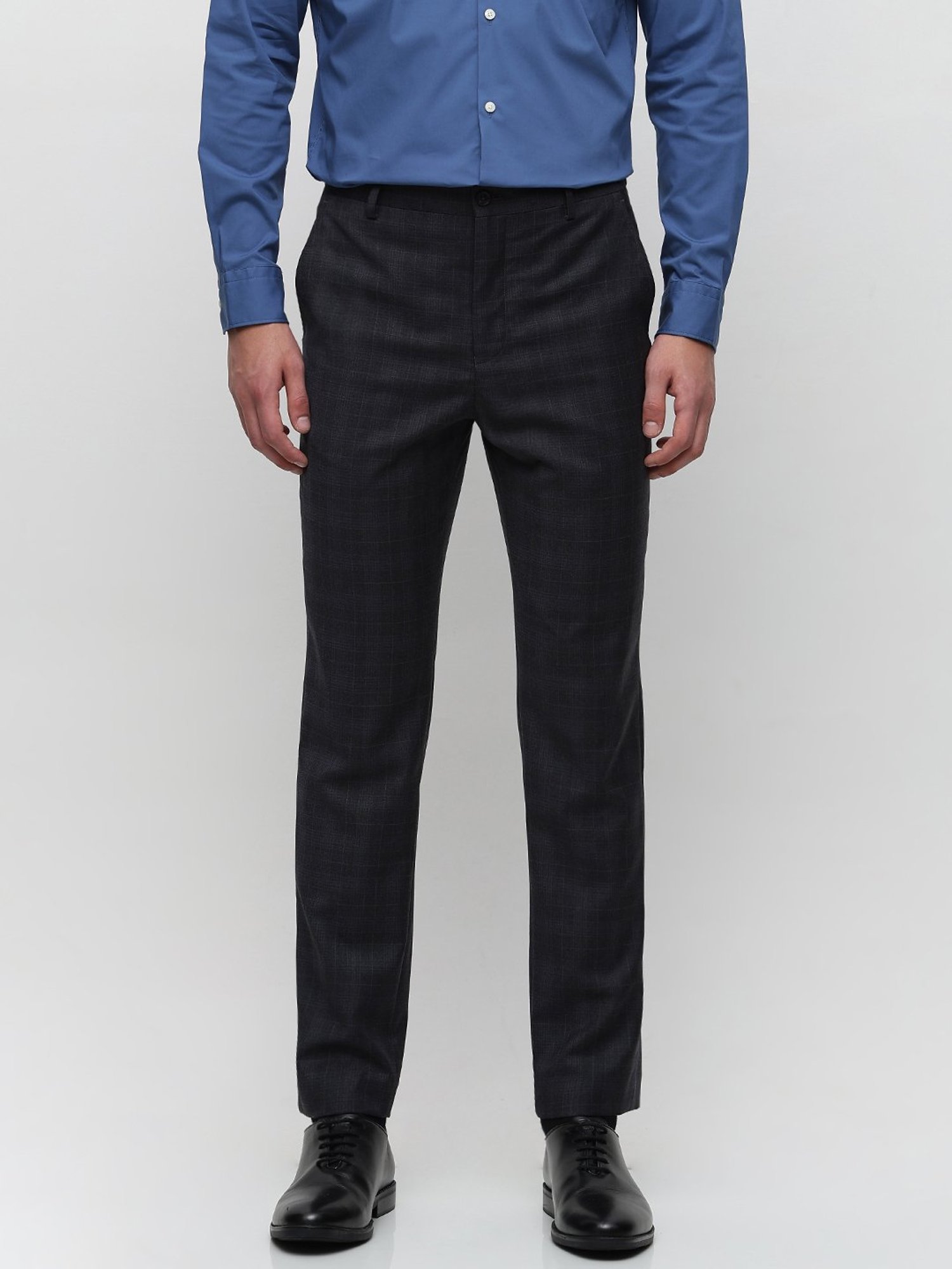 SELECTED HOMME Dark Grey Slim Fit Check Flat Front Trousers