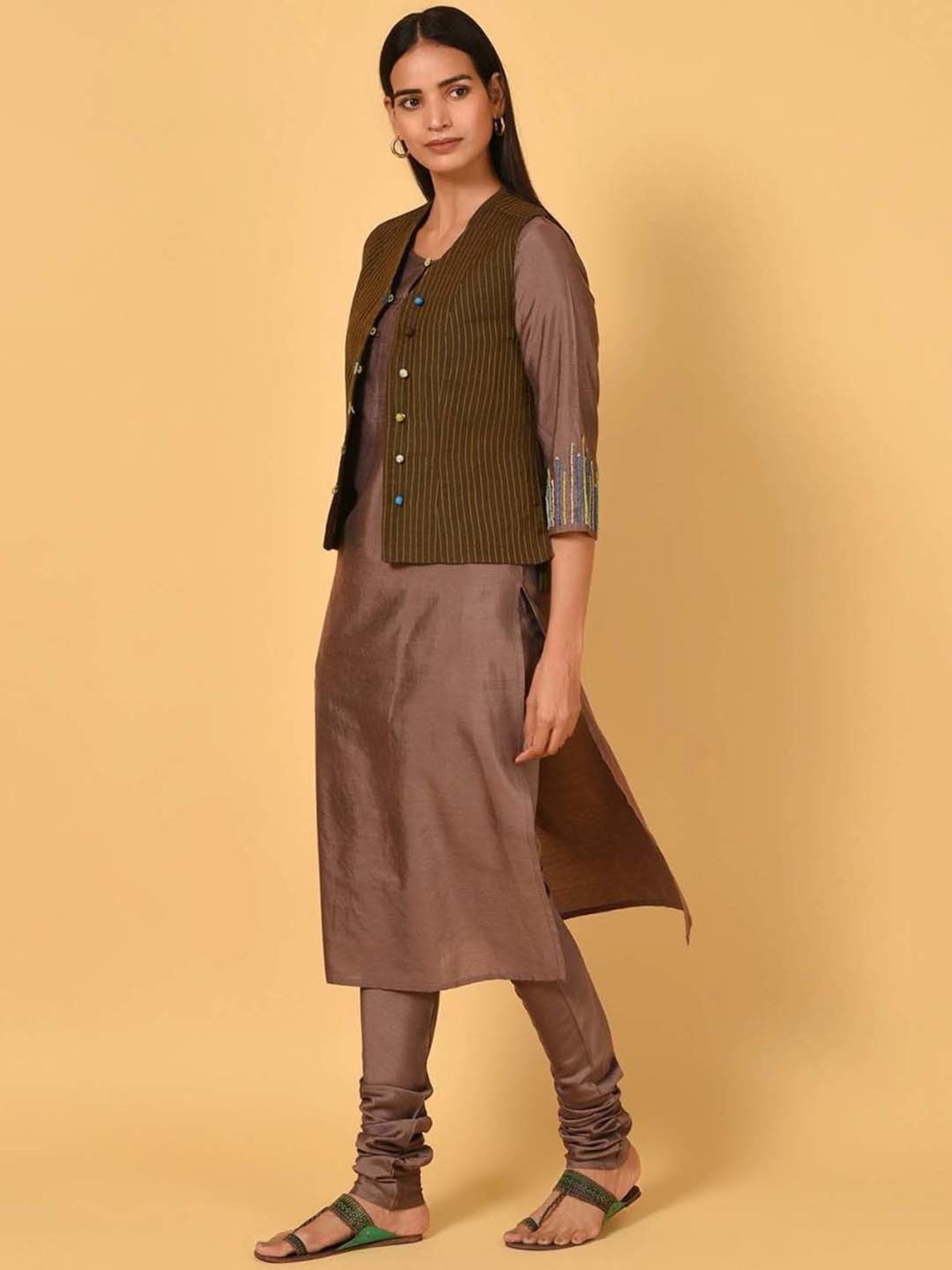 Nuhh Brown Kurta With Churidar & Jacket