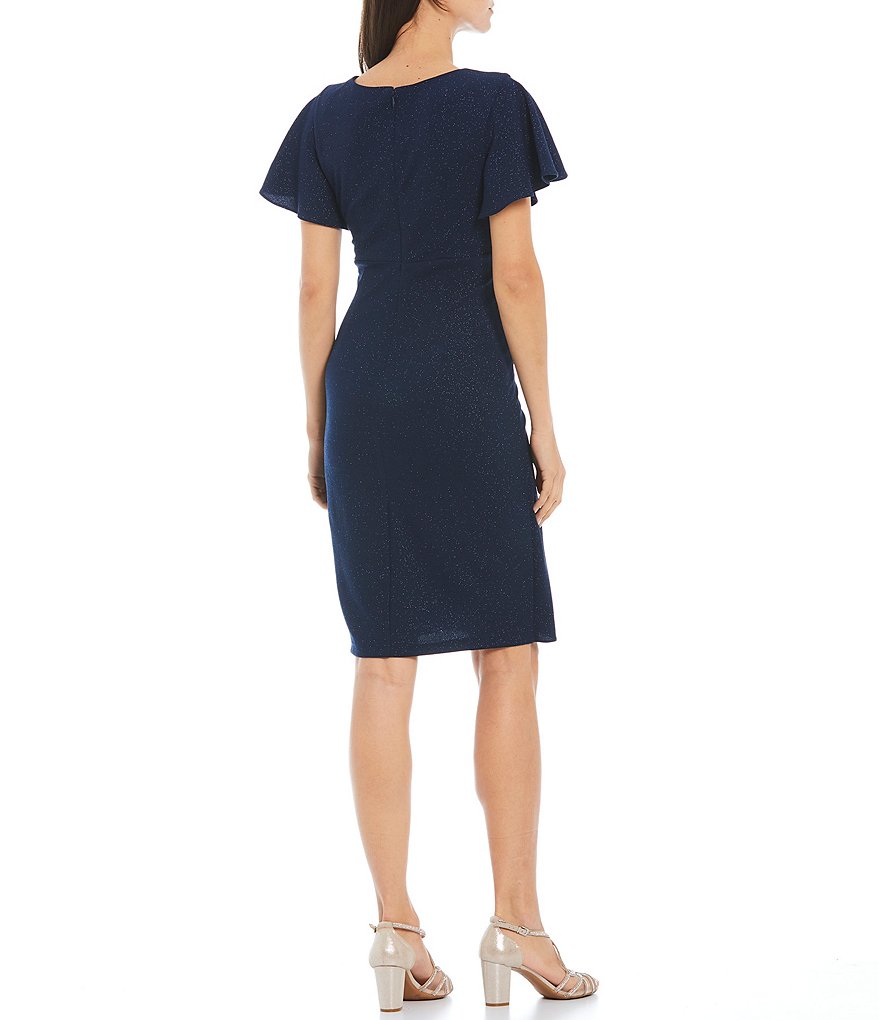 Ignite Evenings Flutter Short Sleeve V-Neck Metallic Knit Sheath Dress