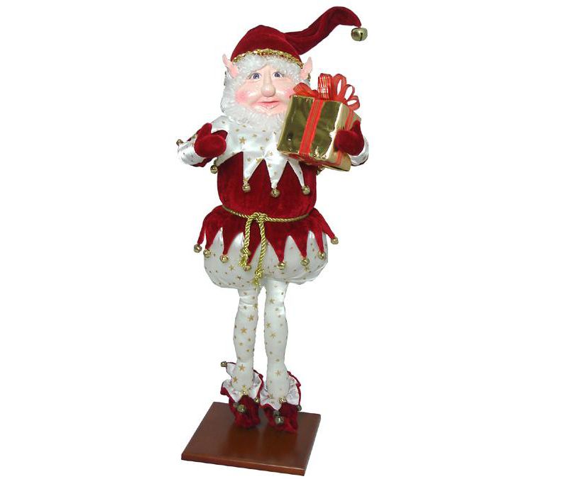 Fantasy Creations 25" Fantasy Gold Star Pants Christmas Elf Holding Present on Display Stand