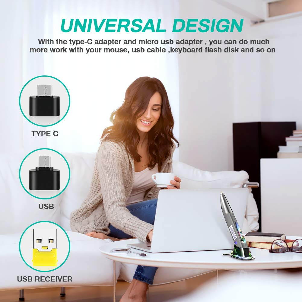 2.4G Wireless Optical Pen Mouse, Pocket Rechargeable Handwriting Mice with UCB-C & Micro-USB Adapter for Right and Left Hand 1600 DPI Ergonomic RGB Backlit Pen Mice for PC Notebook Mac