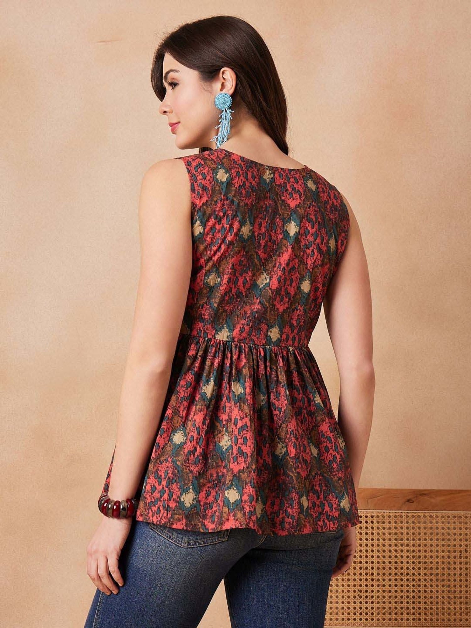 Inweave Coral & Brown Cotton Printed Top