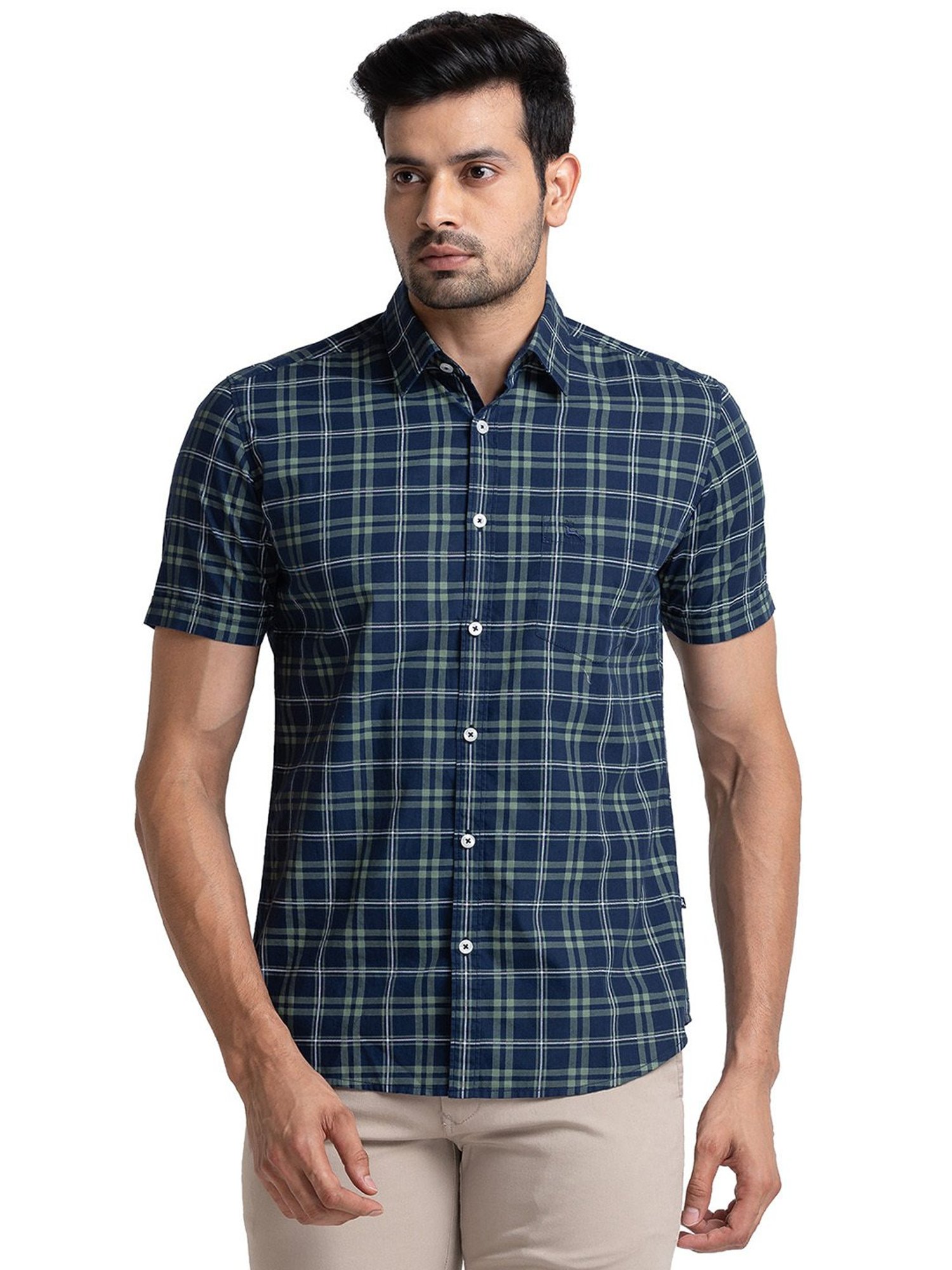 Parx Green & Navy Slim Fit Check Shirt
