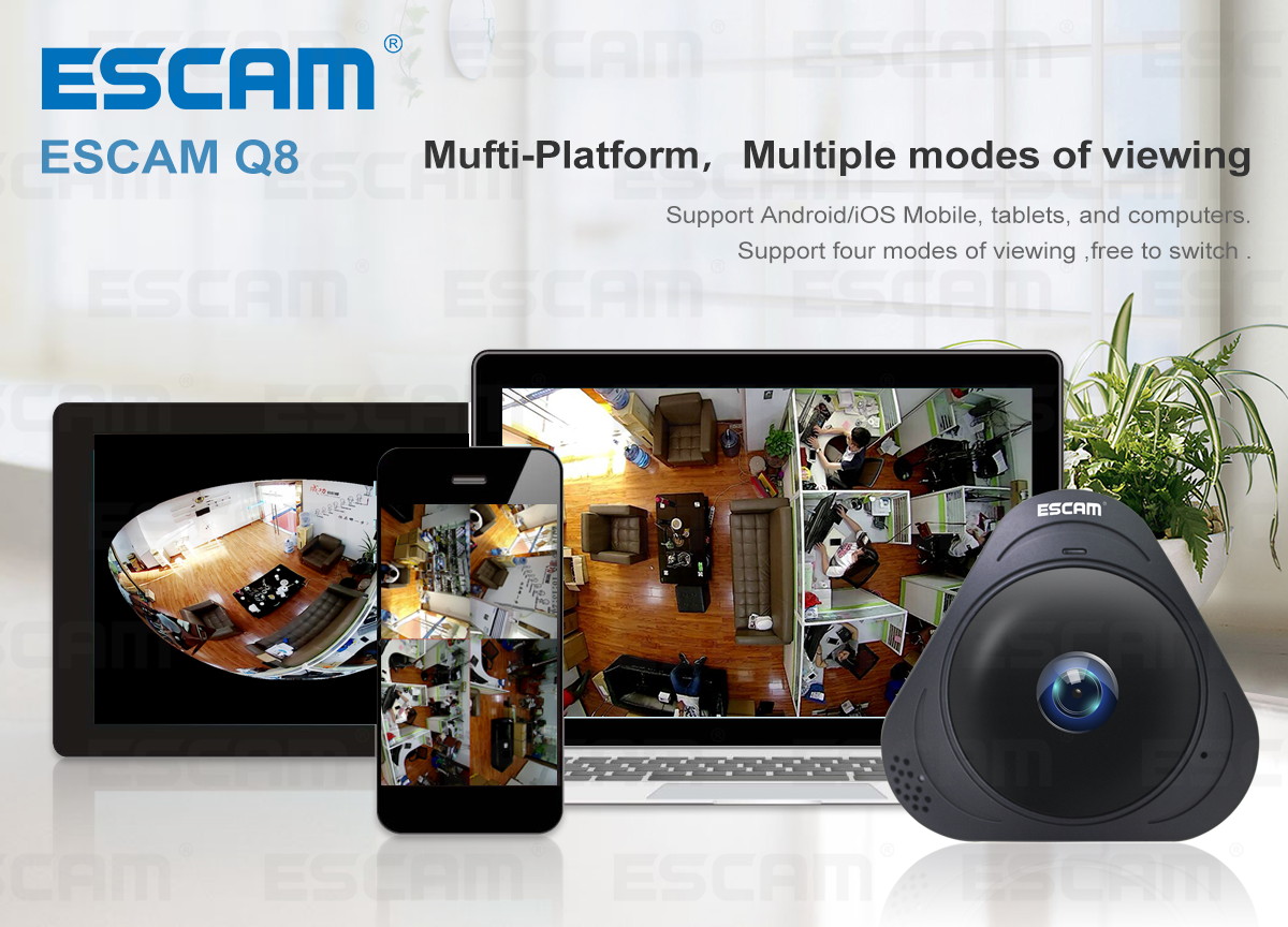 ESCAM Q8 WIFI 1.3MP IR 360&deg; Fisheye Panoramic IP Camera Built in mic & Speaker Black Color