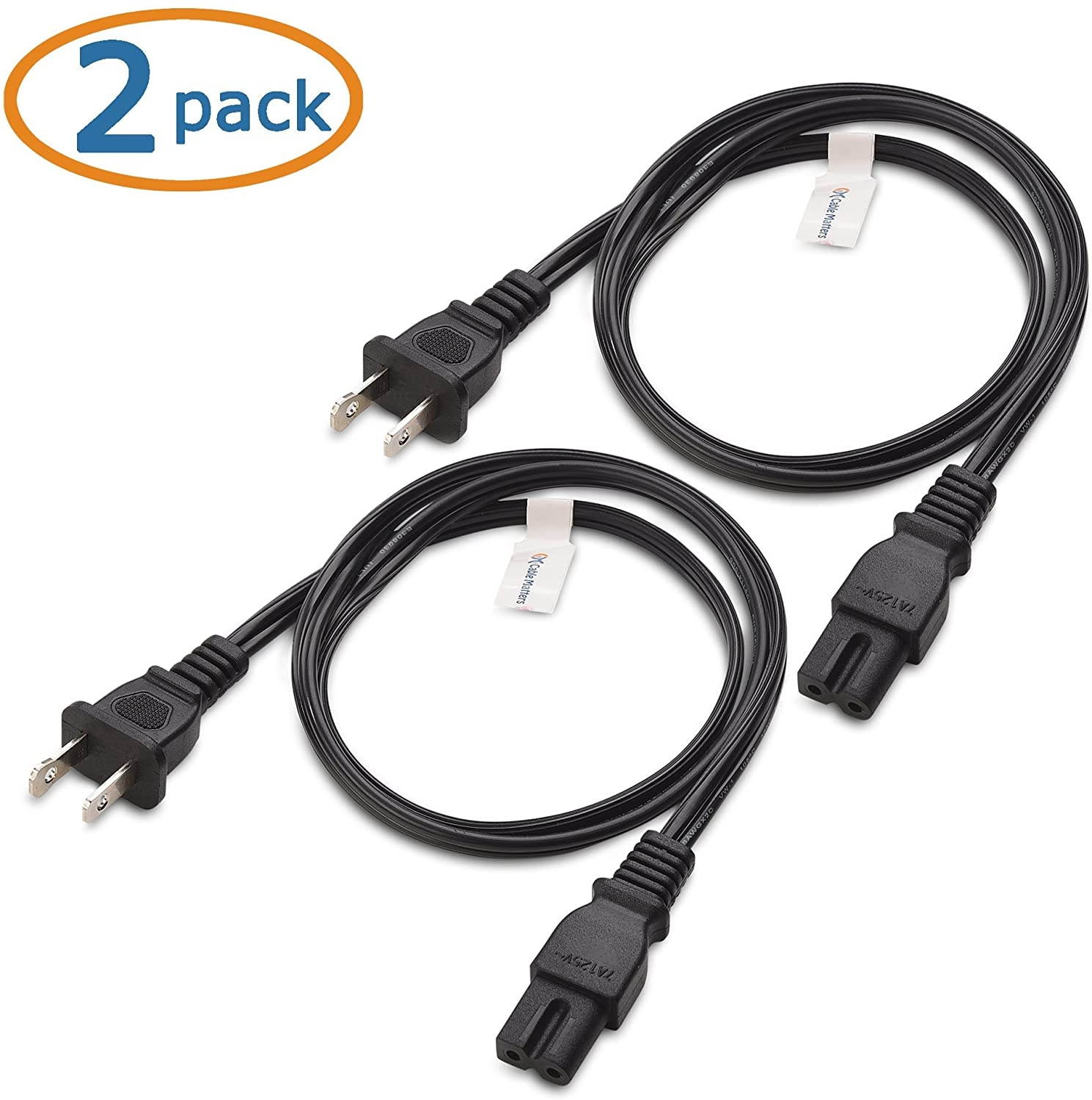 Cable Matters 2 Pack 2 Slot Polarized Power Cord (2 Slot Power Cable) 3 Feet (NEMA 1-15P to IEC C7)