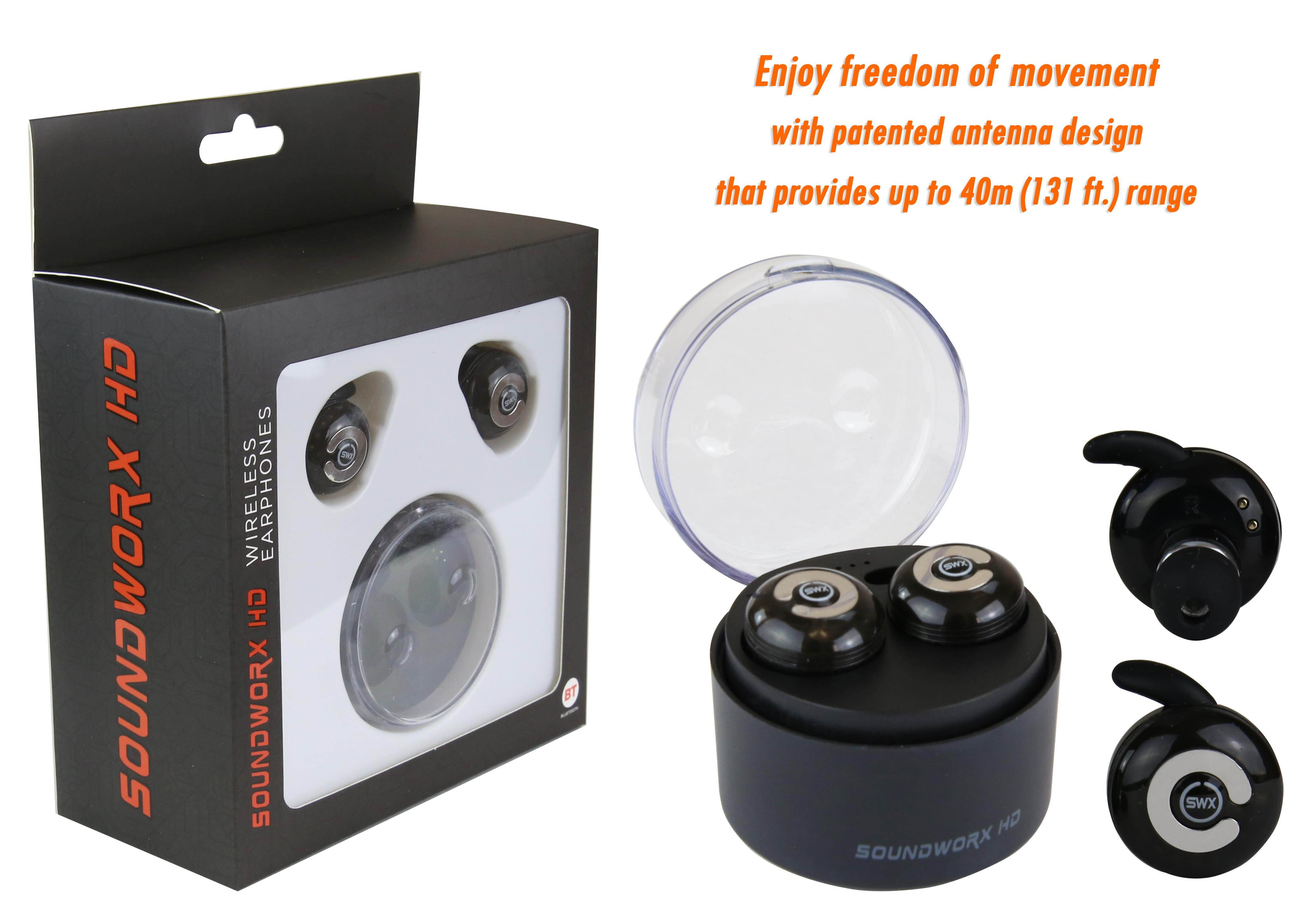 40 Meter Range  Soundworx True Wireless Earbuds, Bluetooth V4.1 with Mic and Charging Case
