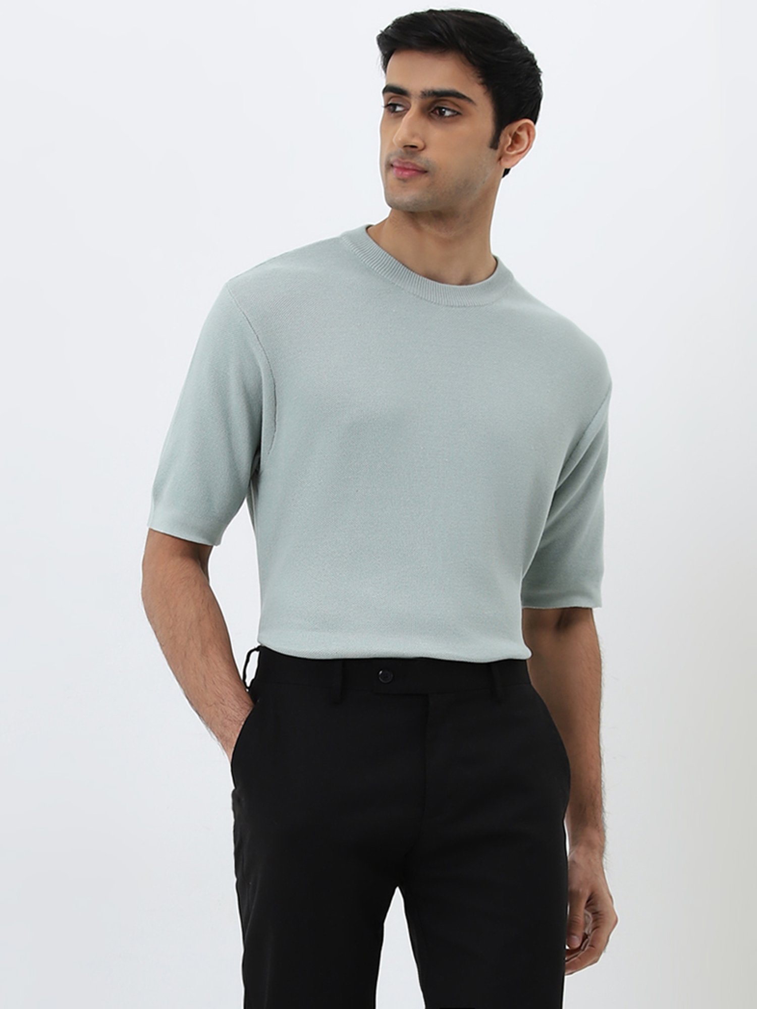 WES Formals by Westside Light Blue Solid Slim-Fit T-Shirt