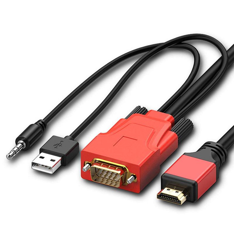 VGA to HDMI Video Adapter Converter Cable with Audio Support and USB Power Gold-Plated Active 1080P Cord for HDTV PC Laptop Projector Monitor DVD (2m / 6.6ft, VGA-> HDMI (RED))