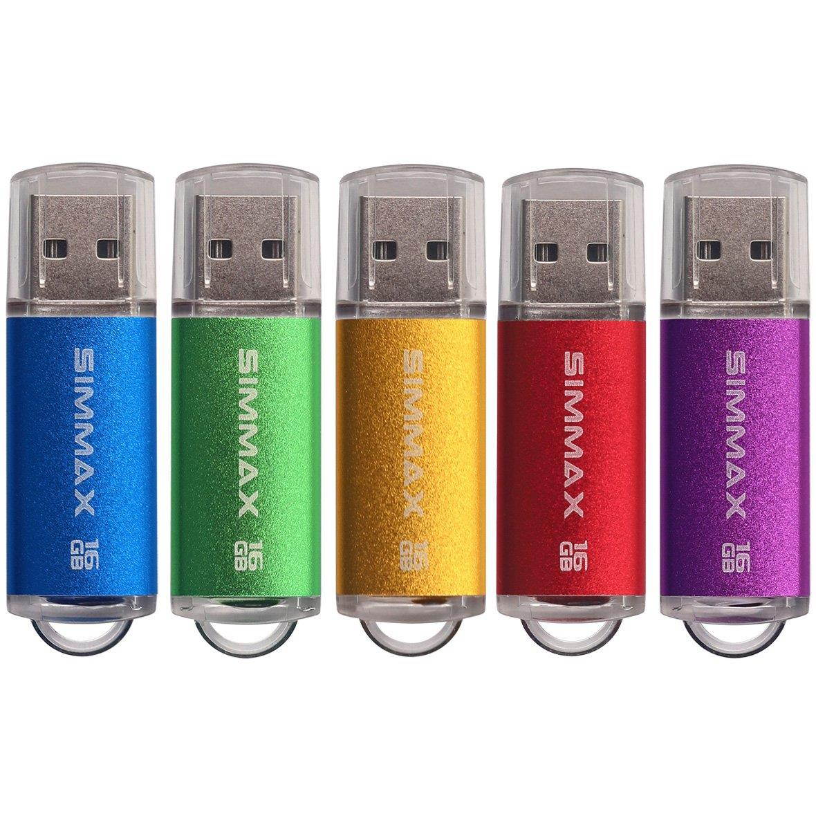 SIMMAX 5 Pack 16GB USB 2.0 Flash Drive Memory Stick Thumb Drive Pen Drive with Led Indicator (Green Purple Red Gold Blue)