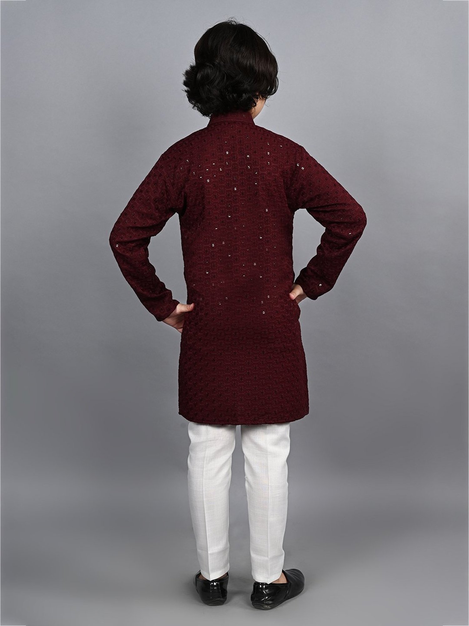 Ahhaaaa Kids Maroon & White Embellished Full Sleeves Kurta With Pyjamas