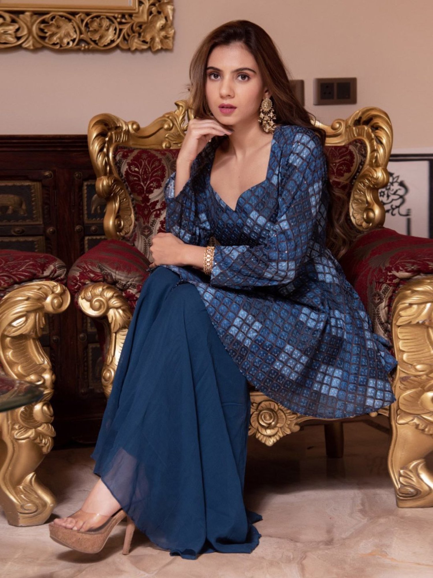 Calmna Teal Blue Embroided Georgette Kuta with Sharara