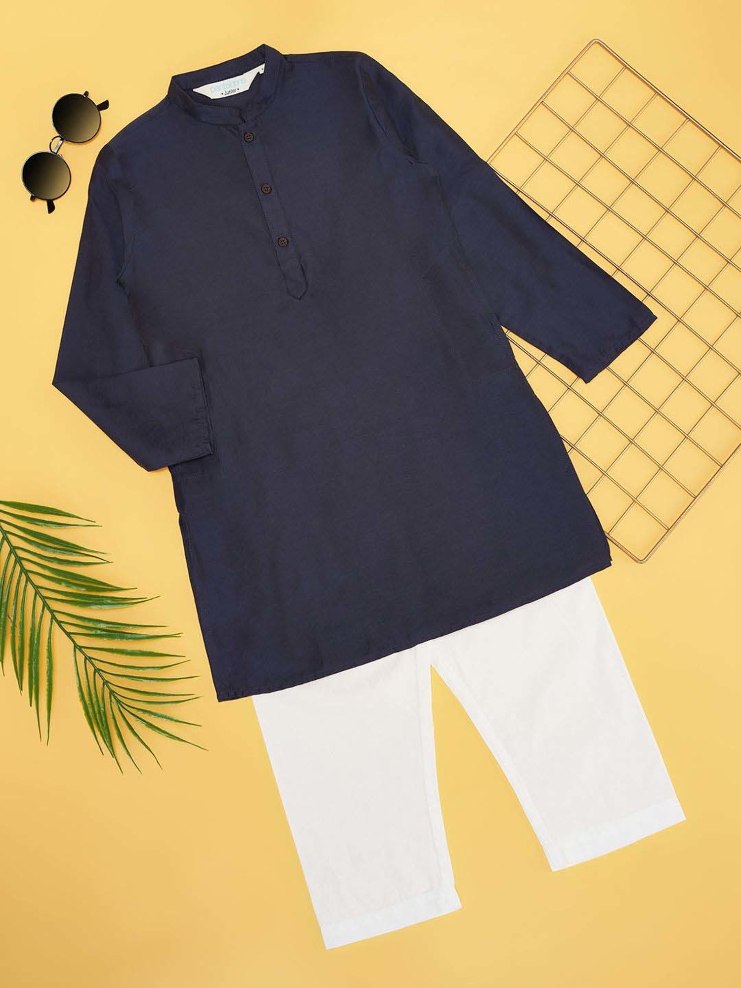 Indus Route by Pantaloons Boys Midnight Navy Solid Full Sleeves Kurta Sets
