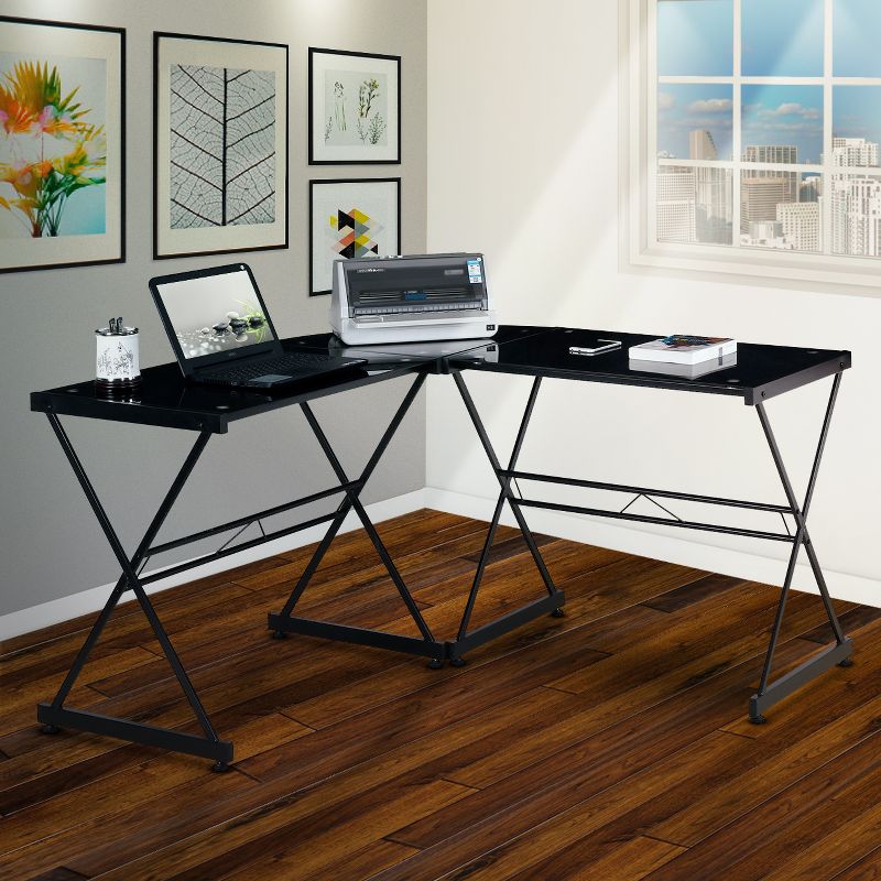 L Shaped Glass Computer Desk Black - Techni Mobili