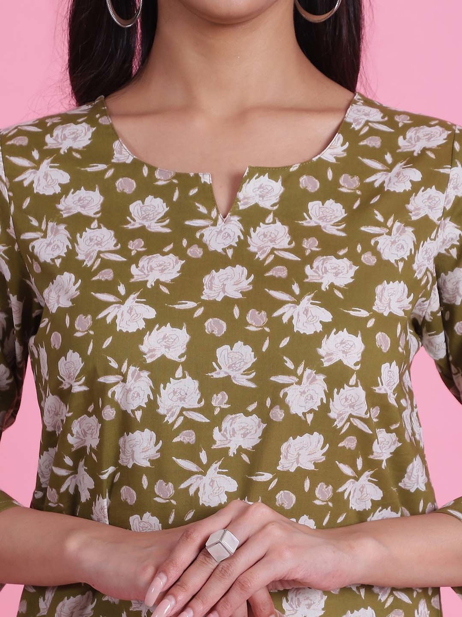 Prakrti Green & White Cotton Floral Print Top Pant Set