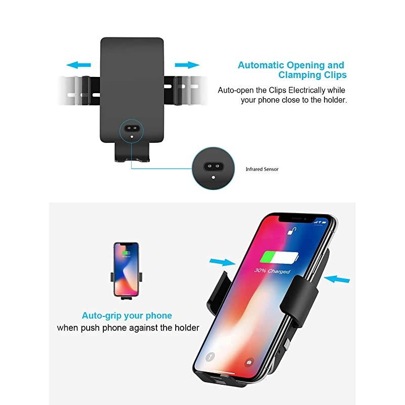 Wireless Car Charger Automatic Clamping 10W Qi Fast Charging Car Charger Mount Compatible with iPhone 12/12pro/12 pro max/11/11pro/11pro MAX/Xs MAX/XS/XR/X/8/8p Samsung S10/S10+/S9/S9+/S8/S8+