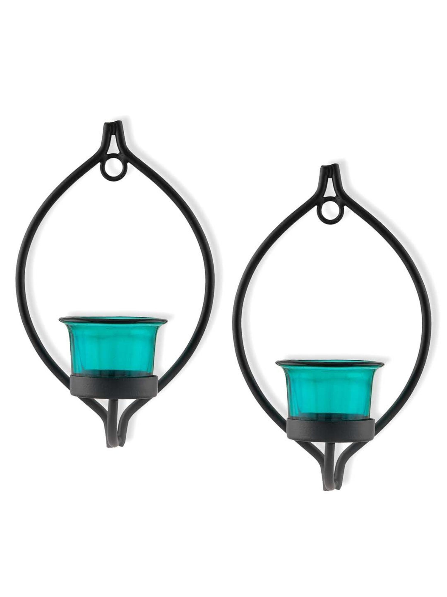 Homesake 'Diwali' Black & Turquoise Metal Wall Candle Holder With Tea Light Candle - Set of 2