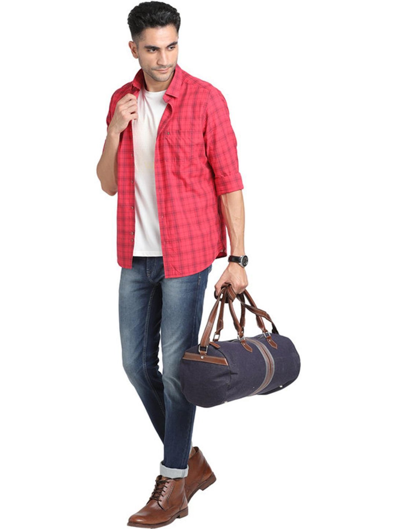 Turtle Red Cotton Slim Fit Checks Shirts