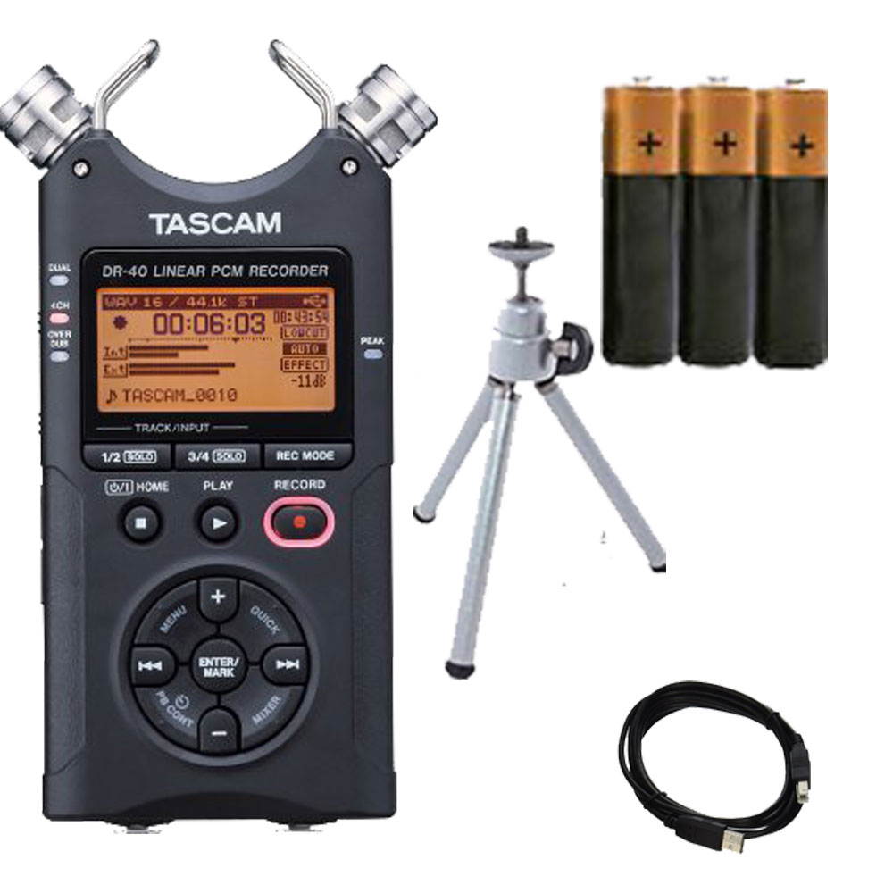 TASCAM DR-40 4-Track Portable Digital Recorder. W/ 3 Battery + USB Cable + Magnus PopPod Tripod.