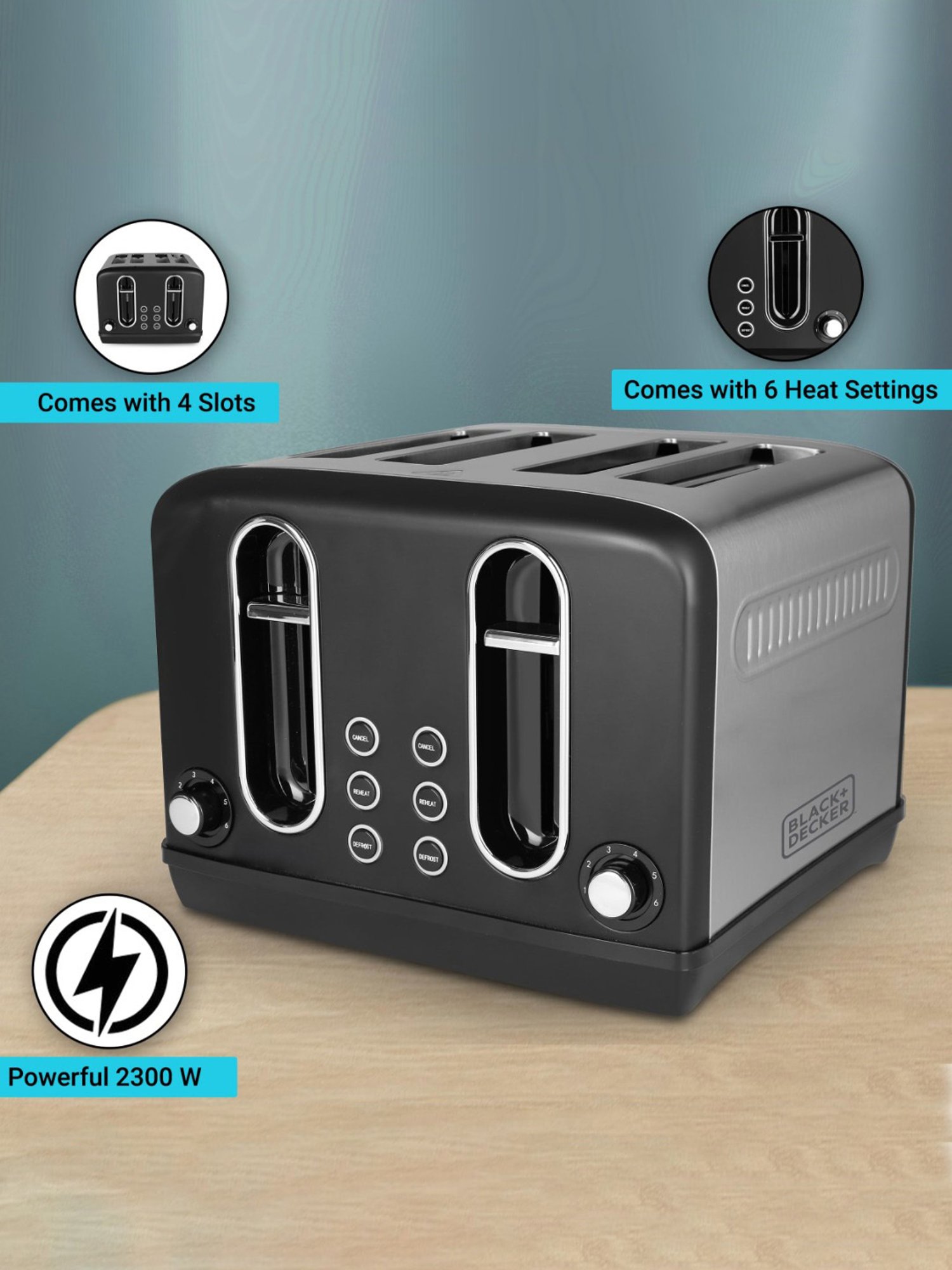 Black+Decker BXT00401IN Pop up Toaster 2300W with Stainless Steel Housing (Black)