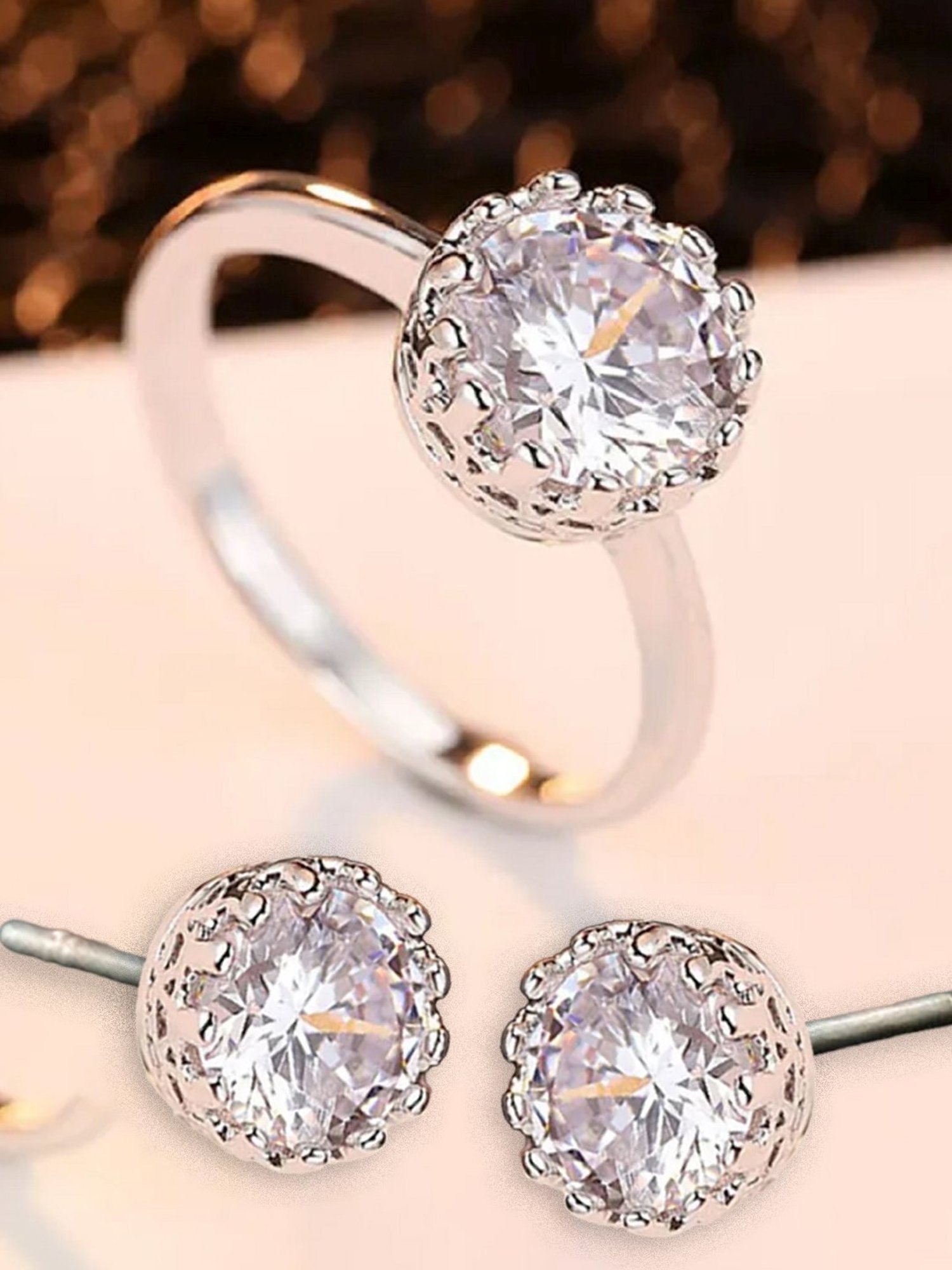 OOMPH Crown Design Cubic Zirconia Earrings & Ring Set