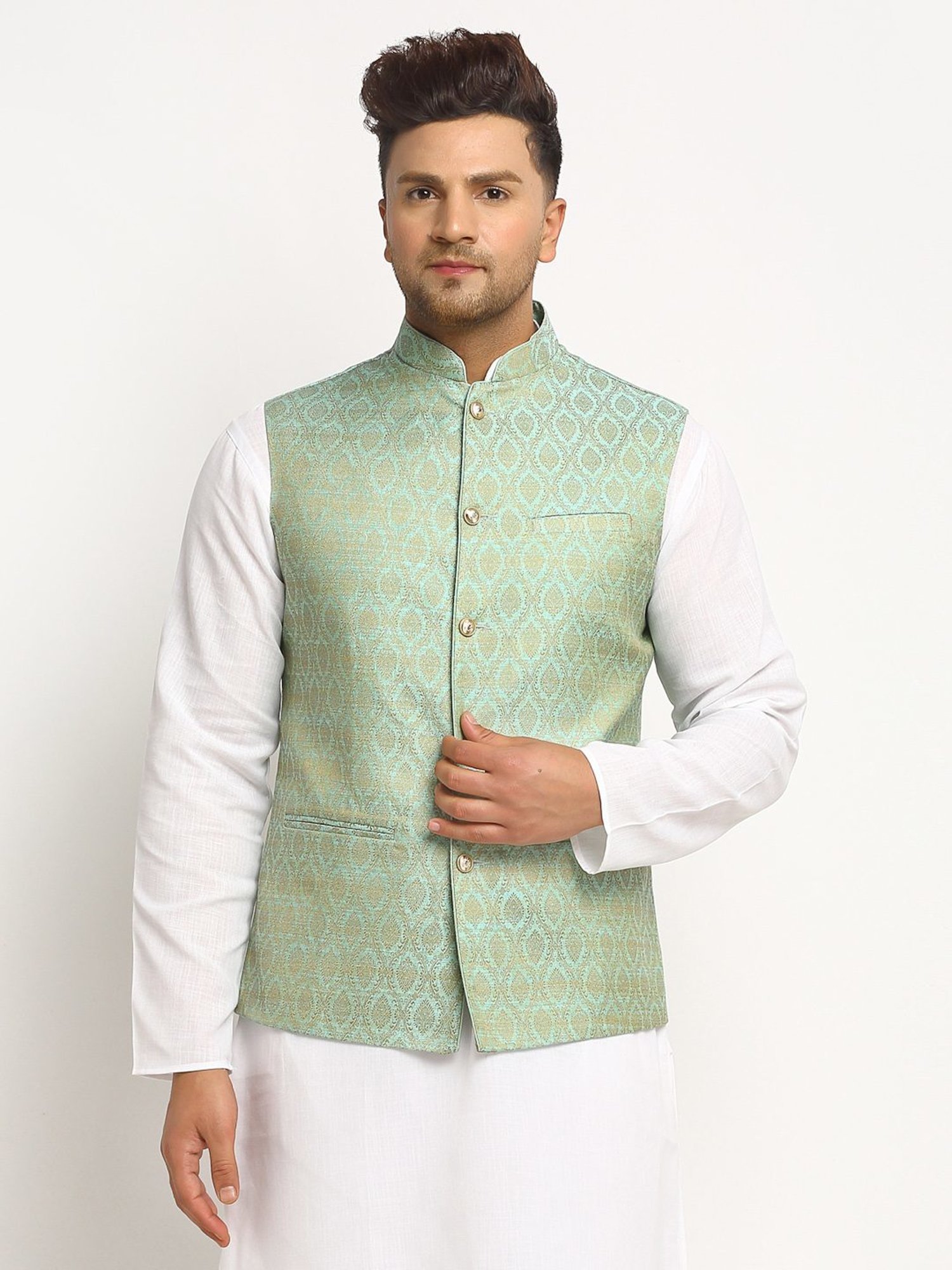 Treemoda Turquoise Green Regular Fit Self Pattern Nehru Jacket